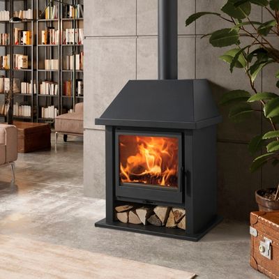 metal fireplace with woodshed to decorate your home 
