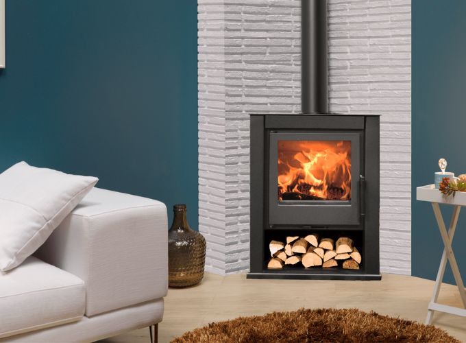 Fireplace with corner wood stove