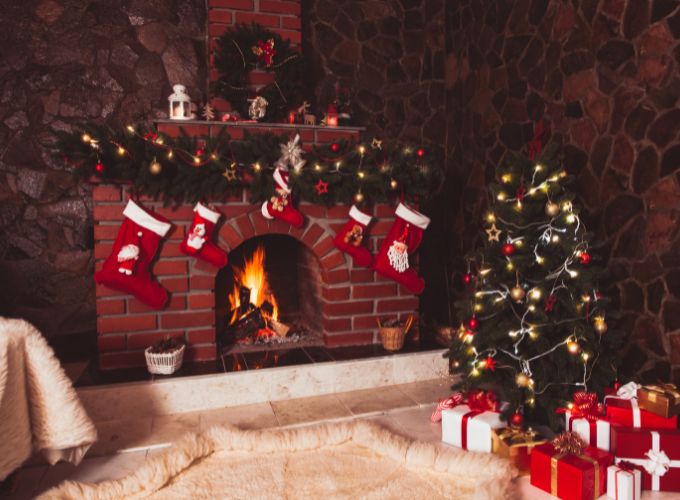 Decorating the fireplace with Christmas stockings