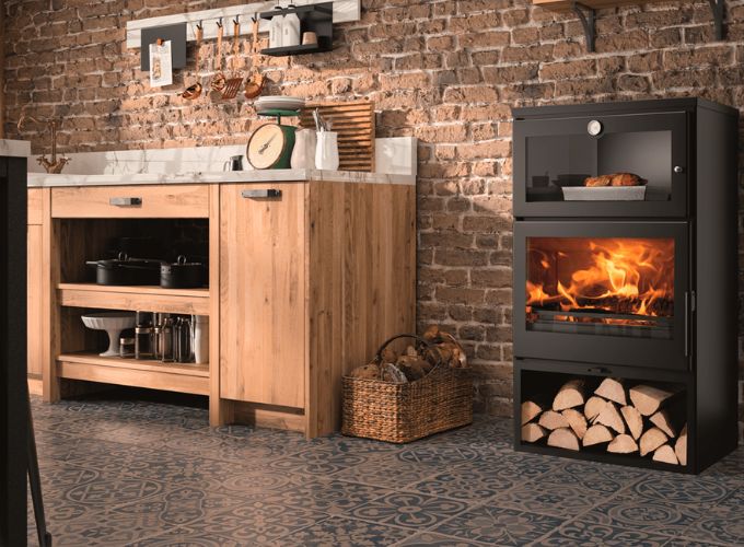 Kitchen with wood-burning stove with oven for cooking 