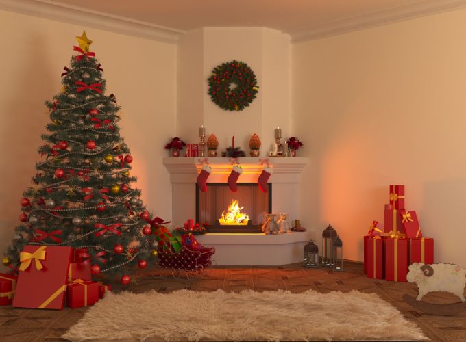 Christmas fireplace decoration with christmas tree