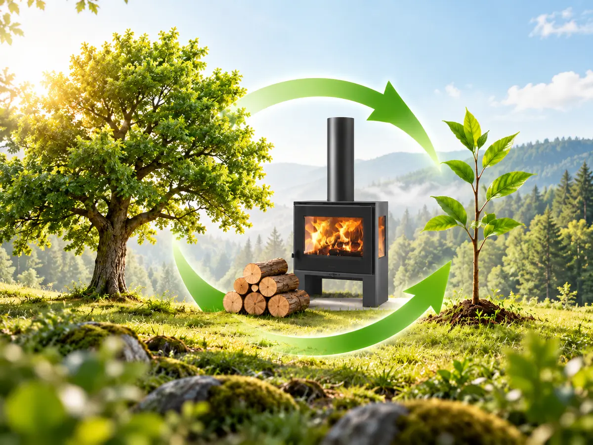Diagram of the carbon cycle: a tree, a wood-burning stove and a young tree joined by two green arrows.